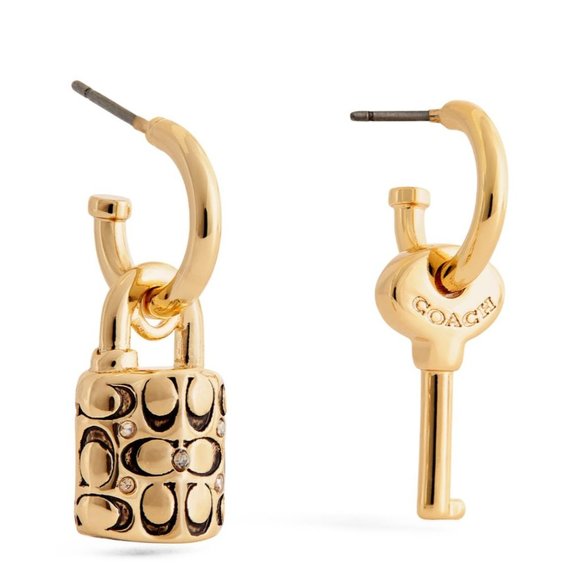 COACH Earrings Quilted Padlock Key Mismatch Earrings Gold Signature Logo - Picture 1 of 12